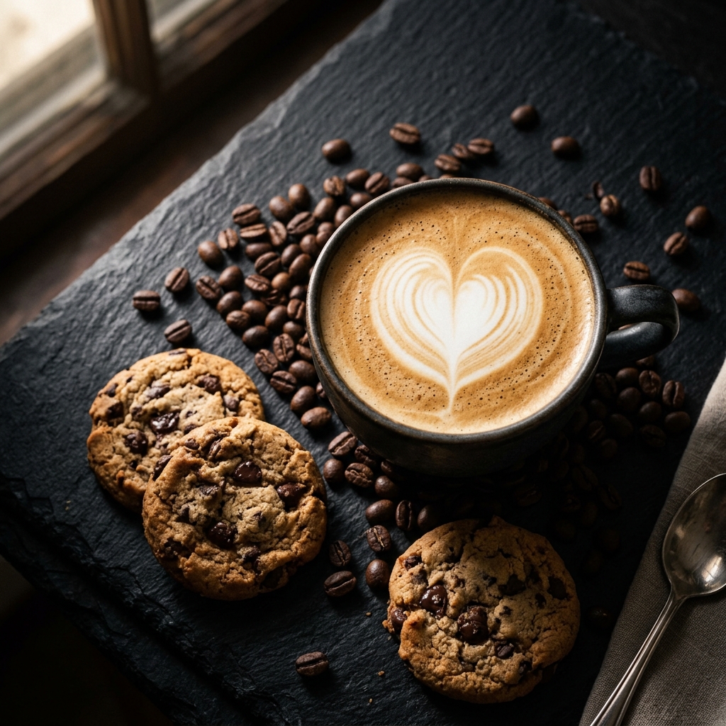 Freshly brewed coffee with foam, cookies, and beans